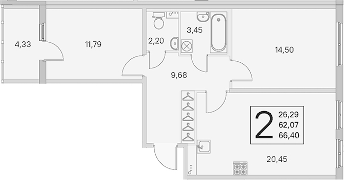 2-комнатная квартира 62.07 м², 1/4 эт., ЖК «Любоград в Стрельне»